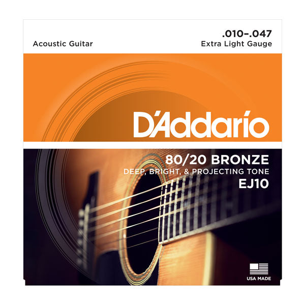 สายกีต้าร์โปร่ง Daddario EJ10 80/20 Bronze Acoustic Guitar Strings, Extra Light, 10-47