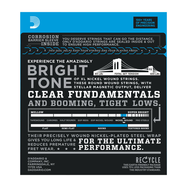 Cordes Basse D'Addario ProSteels EPS165 Custom Light 45-105 – Son Brillant Et Longue Durée De Vie