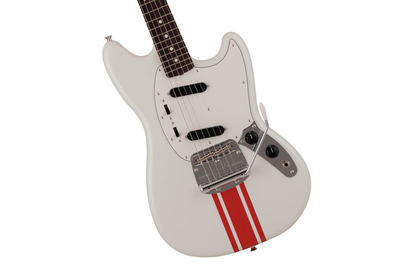 Fender 2023 Collection, Made in Japan Traditional 60s Mustang, Olympic White with Red Competition Stripe