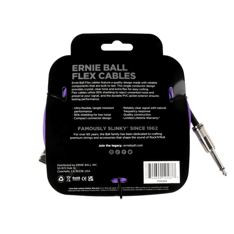 สายแจ็คกีต้าร์ Ernie Ball Flex Cable Straight/Angle 20ft, Purple