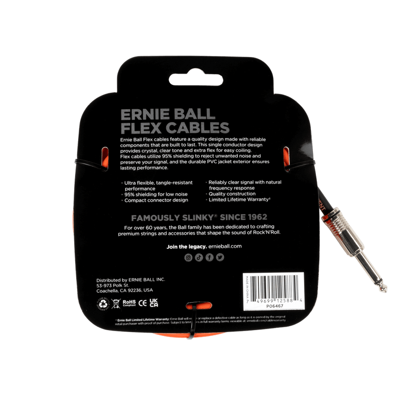 สายแจ็คกีต้าร์ Ernie Ball Flex Cable Straight/Angle 20ft, Orange