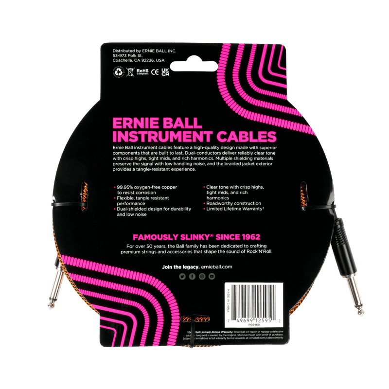 สายแจ็คกีต้าร์ Ernie Ball Braided Instrument Cable Straight/Straight, 18 Feet