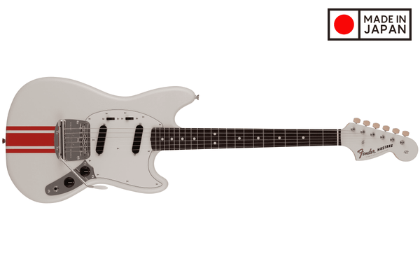 Fender 2023 Collection, Made in Japan Traditional 60s Mustang, Olympic White with Red Competition Stripe