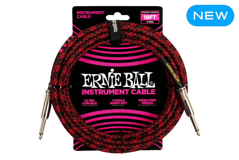 Ernie Ball 18 Feet Braided Straight / Angle Instrument Cable Red Black