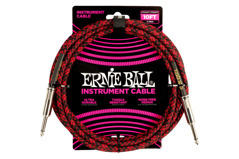 Ernie Ball 10 Feet Braided Straight / Angle Instrument Cable Red Black