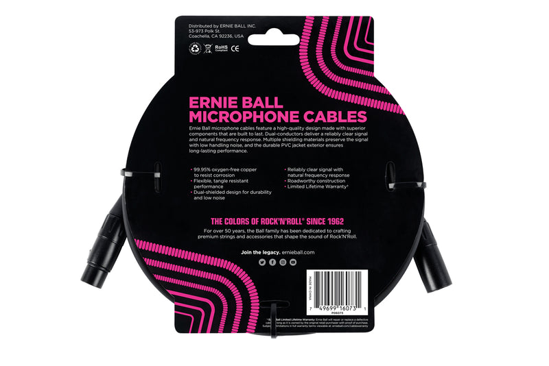 Ernie Ball 25' MALE / FEMALE XLR MICROPHONE CABLE BLACK