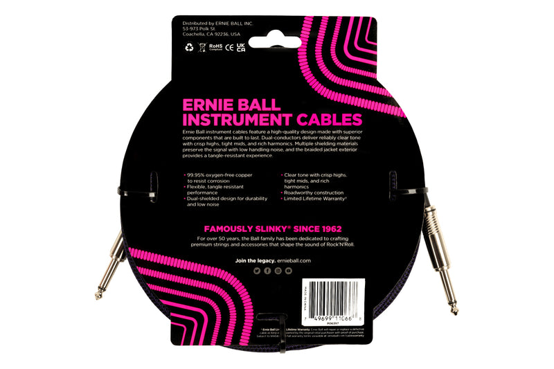 Ernie Ball 25 Feet Straight / Angle Braided Instrument Cables Purple Black