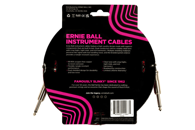 Ernie Ball 25 Feet Straight / Angle Braided Instrument Cables Red Black