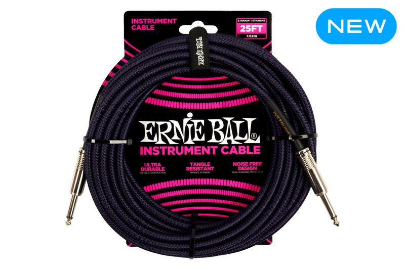 Ernie Ball 25 Feet Straight / Angle Braided Instrument Cables Purple Black