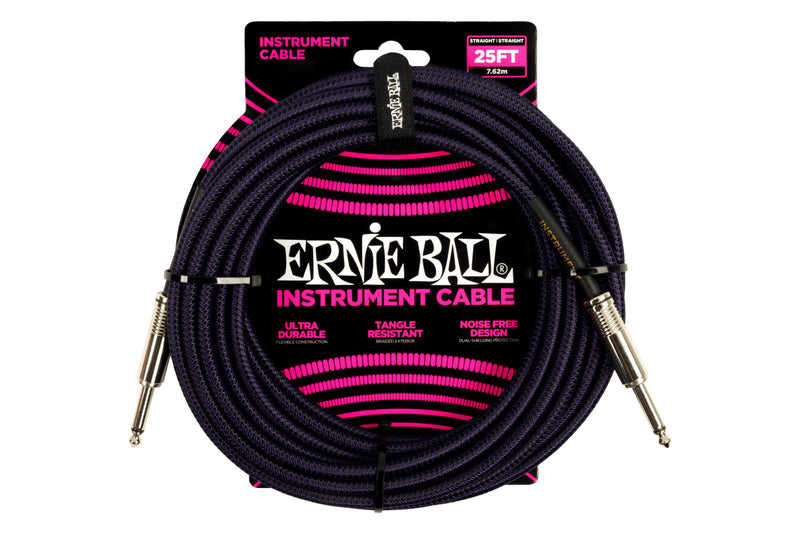 Ernie Ball 25 Feet Straight / Angle Braided Instrument Cables Purple Black