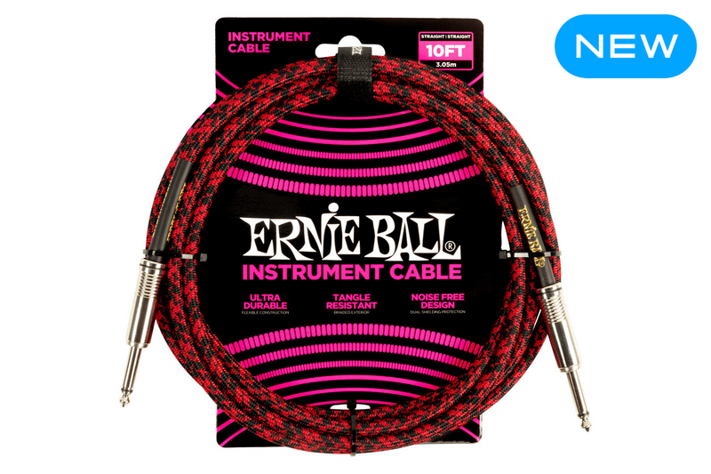 Ernie Ball 10 Feet Braided Straight / Angle Instrument Cable Red Black