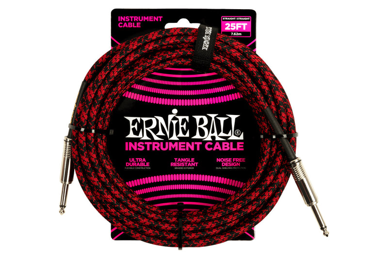Ernie Ball 25 Feet Straight / Angle Braided Instrument Cables Red Black