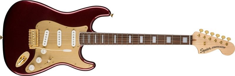 กีต้าร์ไฟฟ้า Squier 40th Anniversary Stratocaster, Gold Edition, Ruby Red Metallic