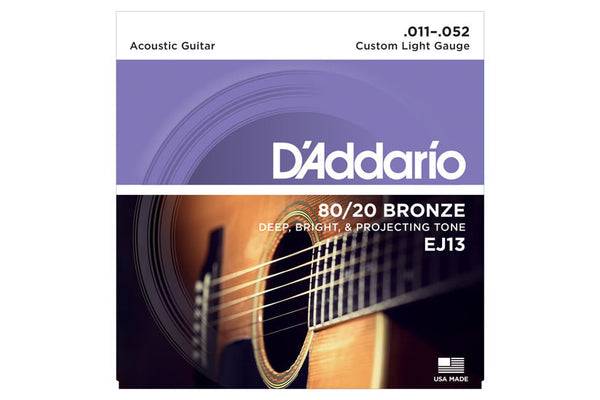 สายกีต้าร์โปร่ง Daddario EJ13 80/20 Bronze Acoustic Guitar Strings, Custom Light, 11-52