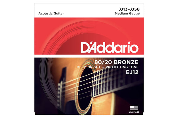สายกีต้าร์โปร่ง Daddario EJ12 80/20 Bronze Acoustic Guitar Strings, Medium, 13-56