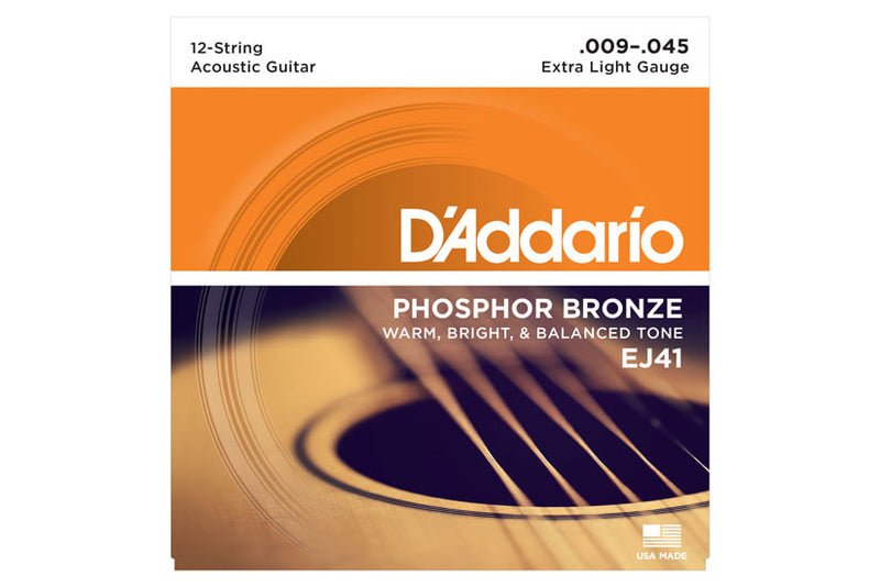 สายกีต้าร์โปร่ง Daddario EJ41 12-String Phosphor Bronze, Extra Light, 9-45