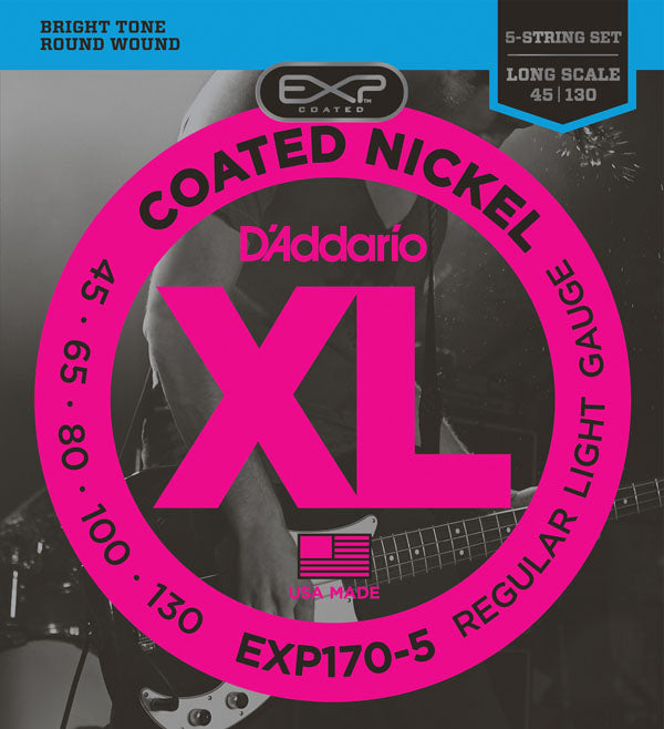 สายเบส Daddario EXP170-5 Coated Nickel Wound 5-String Bass, Light, 45-130, Long Scale