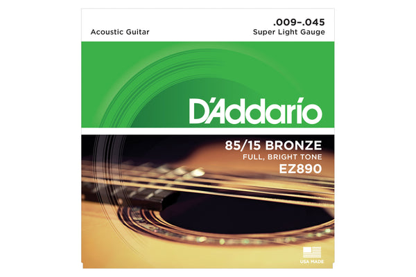 สายกีต้าร์โปร่ง D'Addario EZ890 85/15 Bronze Acoustic Guitar Strings, Super Light, 9-45