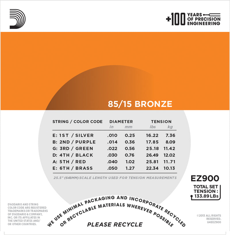 สายกีต้าร์โปร่ง D'Addario EZ900 85/15 Bronze Acoustic Guitar Strings, Extra Light, 10-50