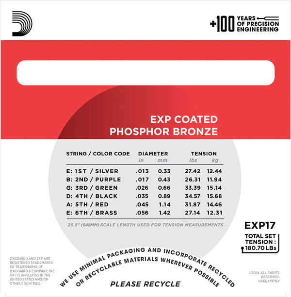 สายกีต้าร์โปร่ง DADDARIO EXP17 COATED PHOSPHOR ACOUSTIC GUITAR, MEDIUM, 13-56