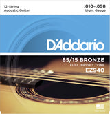 สายกีต้าร์โปร่ง Daddario EZ940 85/15 12-String Bronze Acoustic Guitar Strings, Light, 10-50