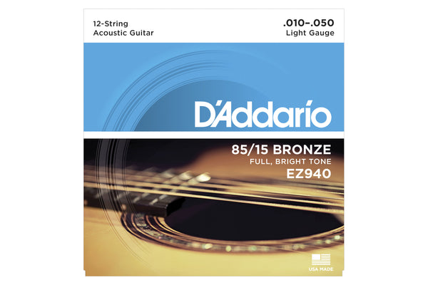 สายกีต้าร์โปร่ง Daddario EZ940 85/15 12-String Bronze Acoustic Guitar Strings, Light, 10-50